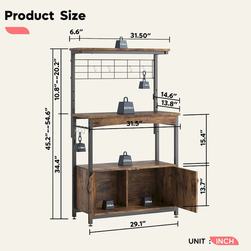 Rustic Brown / Grey Height-Adjustable Baker's Rack with Double-Door Cabinet, 1-Person Assembly