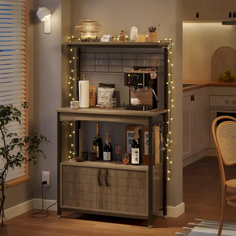 Rustic Brown / Grey Height-Adjustable Baker's Rack with Double-Door Cabinet, 1-Person Assembly