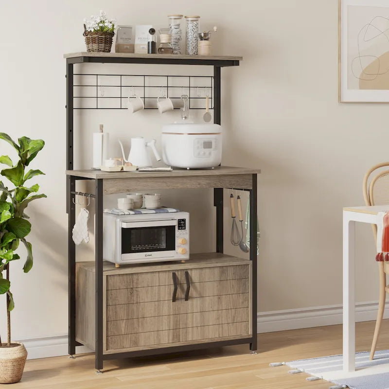 Rustic Brown / Grey Height-Adjustable Baker's Rack with Double-Door Cabinet, 1-Person Assembly
