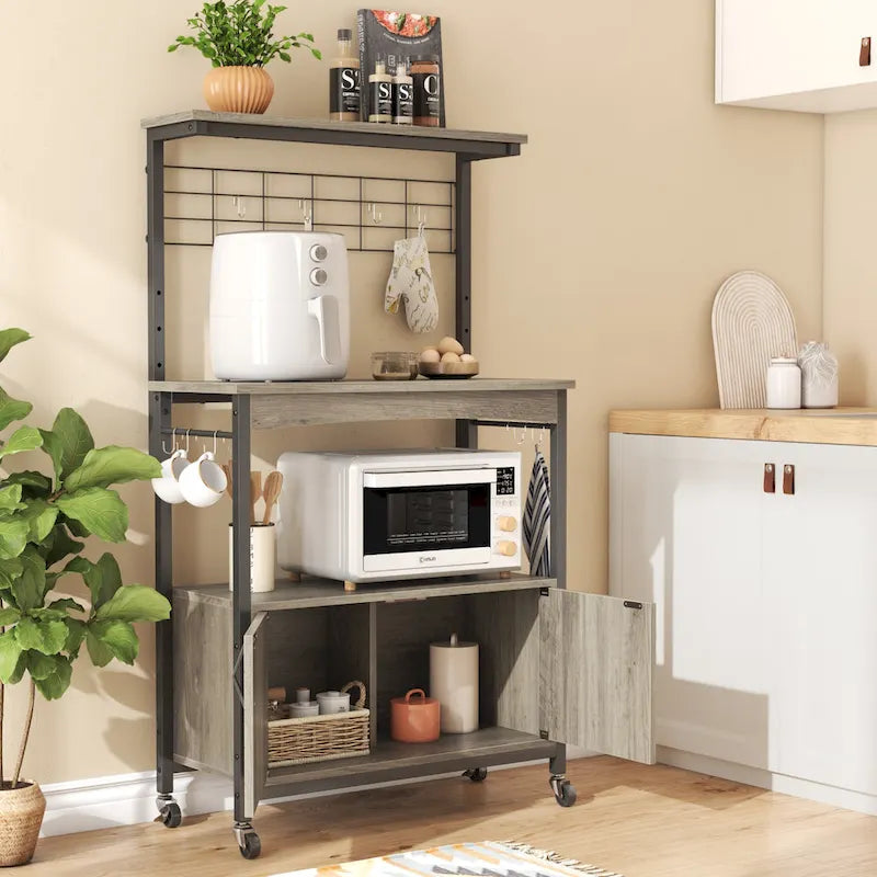Rustic Brown / Grey Height-Adjustable Baker's Rack with Double-Door Cabinet, 1-Person Assembly