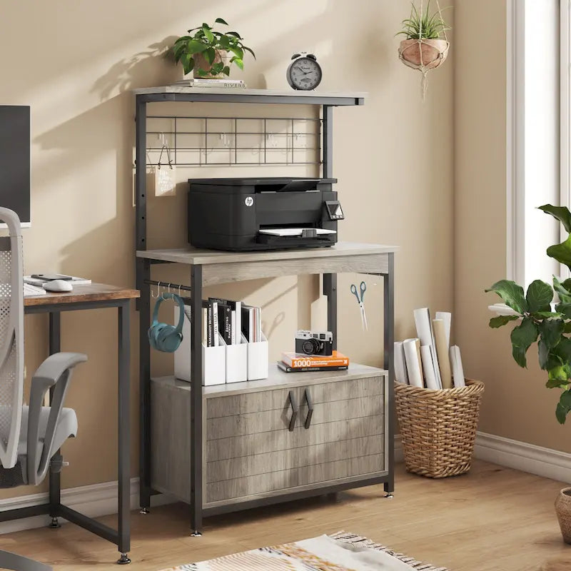 Rustic Brown / Grey Height-Adjustable Baker's Rack with Double-Door Cabinet, 1-Person Assembly