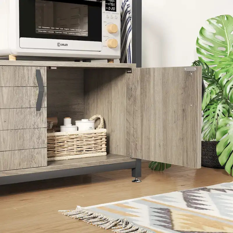 Rustic Brown / Grey Height-Adjustable Baker's Rack with Double-Door Cabinet, 1-Person Assembly