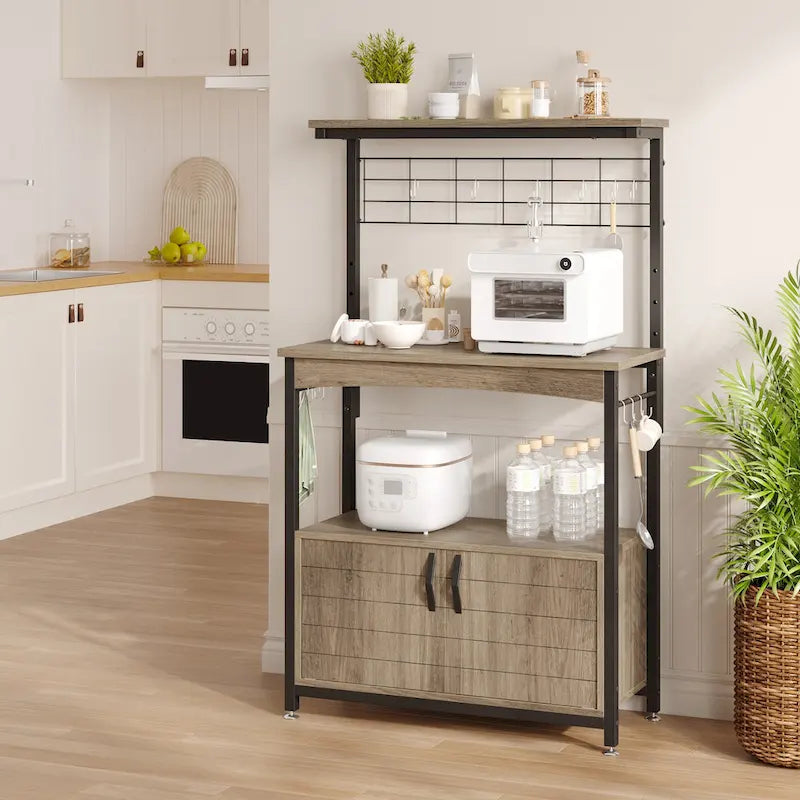 Rustic Brown / Grey Height-Adjustable Baker's Rack with Double-Door Cabinet, 1-Person Assembly