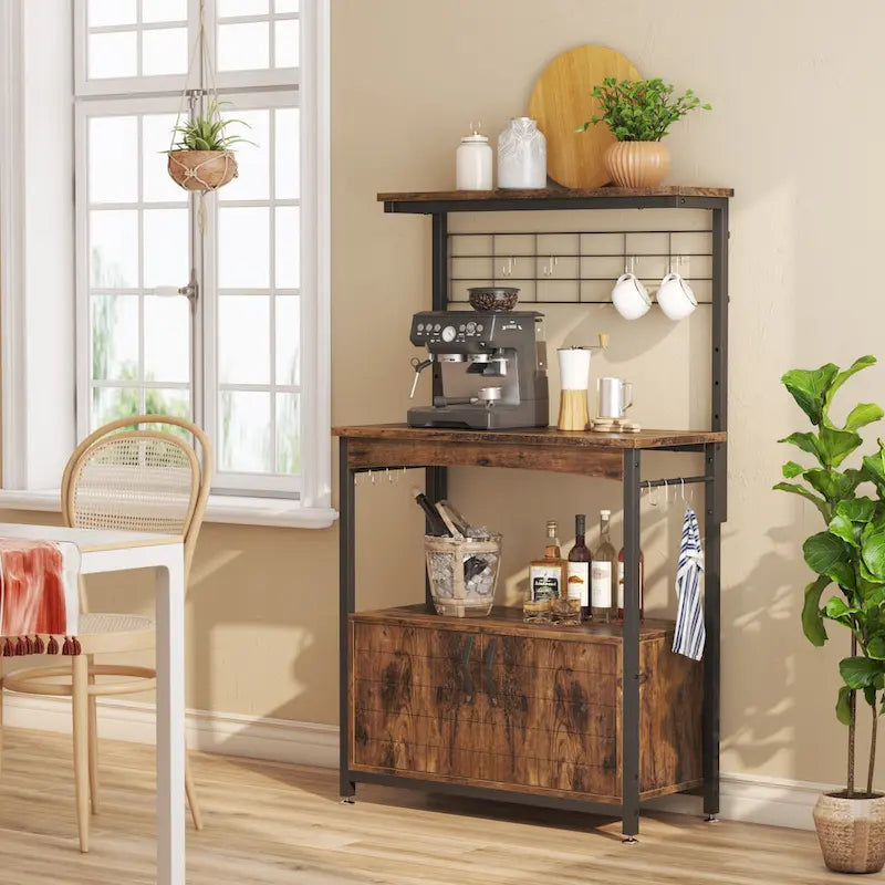 Rustic Brown / Grey Height-Adjustable Baker's Rack with Double-Door Cabinet, 1-Person Assembly