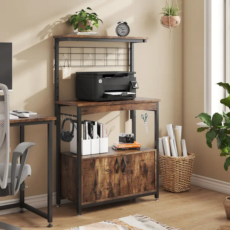 Rustic Brown / Grey Height-Adjustable Baker's Rack with Double-Door Cabinet, 1-Person Assembly