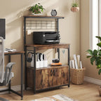 Rustic Brown / Grey Height-Adjustable Baker's Rack with Double-Door Cabinet, 1-Person Assembly