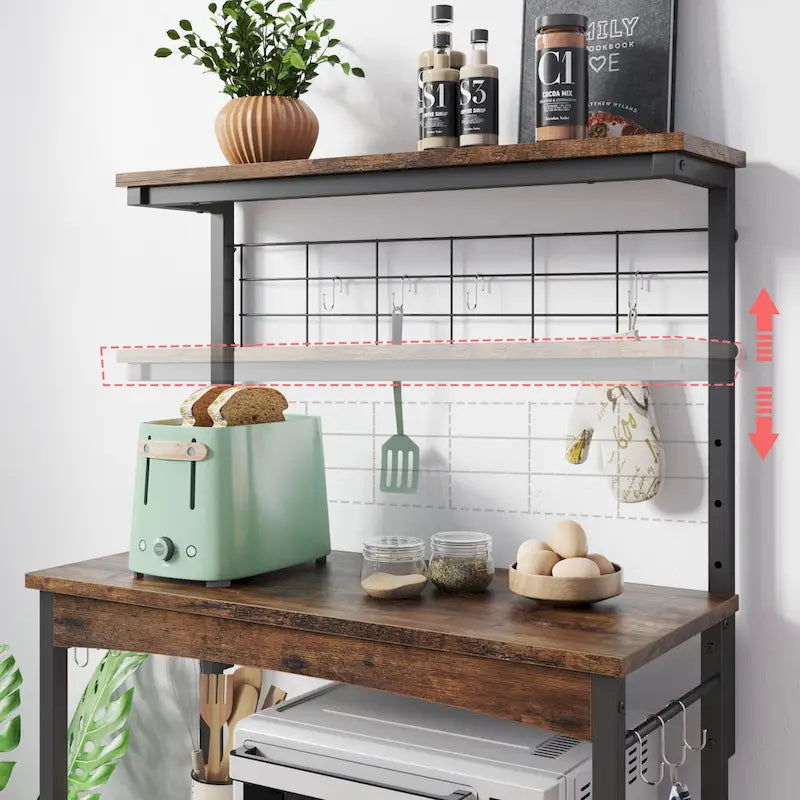 Rustic Brown / Grey Height-Adjustable Baker's Rack with Double-Door Cabinet, 1-Person Assembly