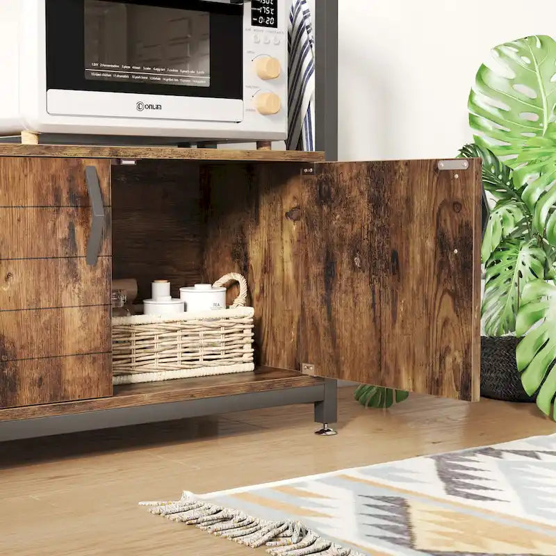 Rustic Brown / Grey Height-Adjustable Baker's Rack with Double-Door Cabinet, 1-Person Assembly