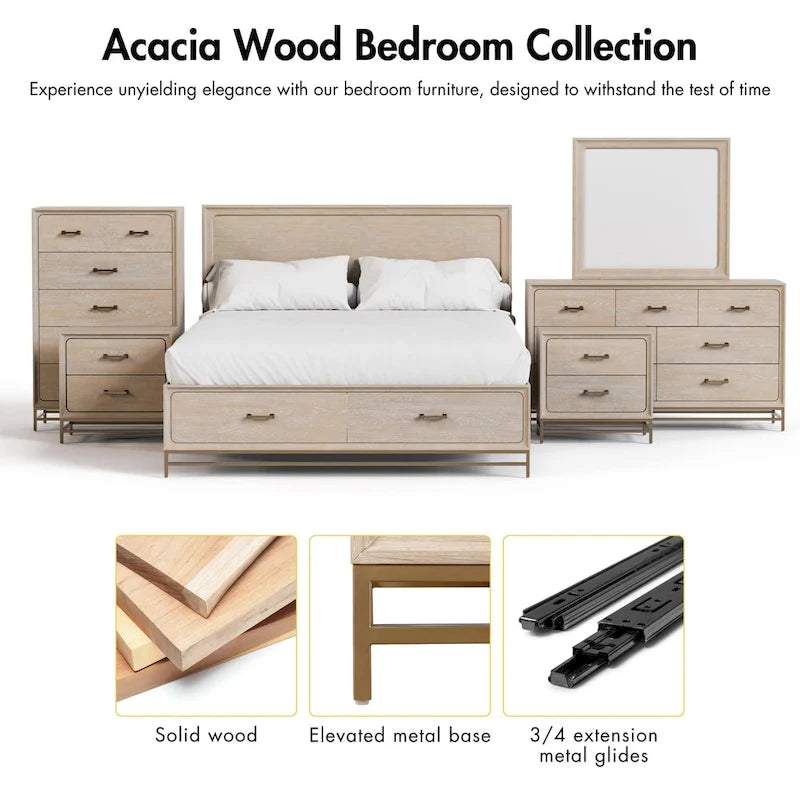 Light Oak Transitional 2-Drawer Nightstand with Metal Legs