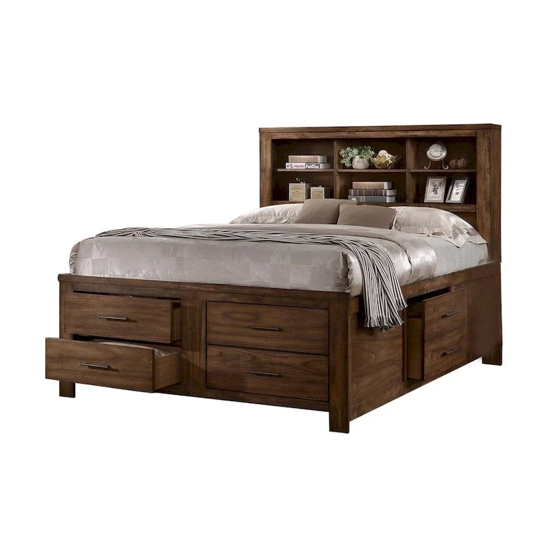 Walnut Storage Bed with 6 Drawers – Traditional Style, For 2 Persons