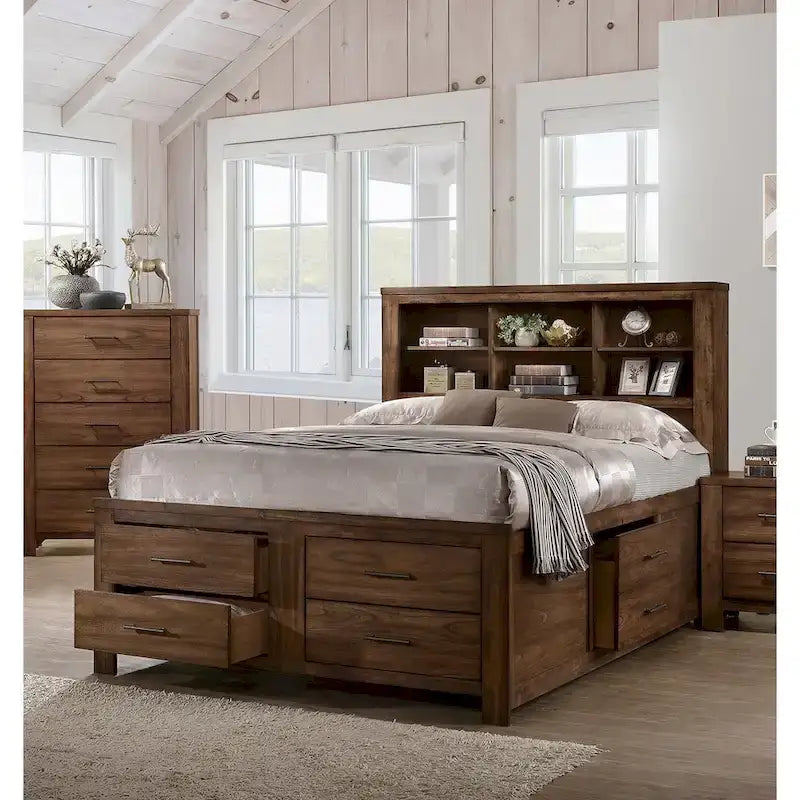 Walnut Storage Bed with 6 Drawers – Traditional Style, For 2 Persons