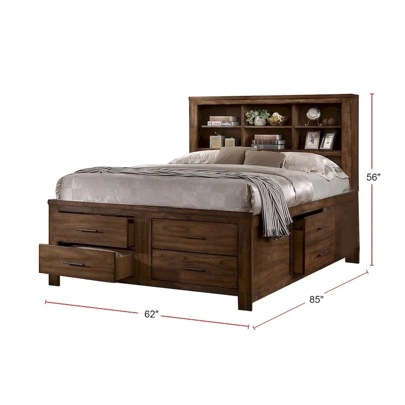 Walnut Storage Bed with 6 Drawers – Traditional Style, For 2 Persons