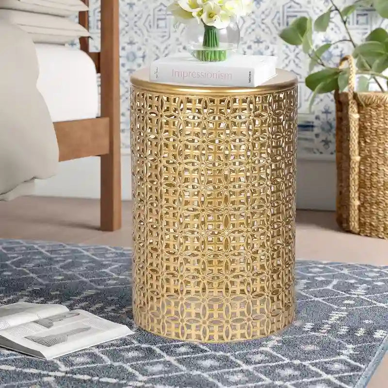 Black Metal Round End Tables, Hollow Design, Set of 2