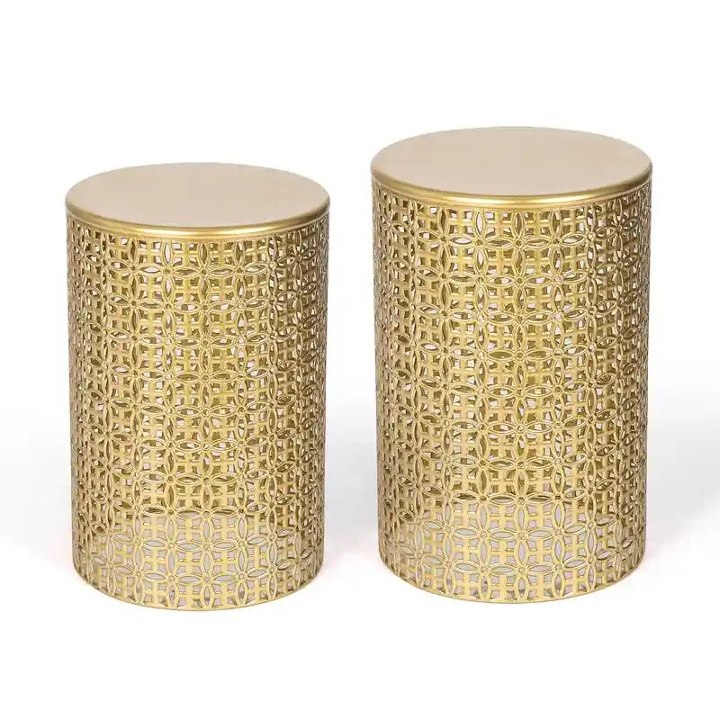 Black Metal Round End Tables, Hollow Design, Set of 2