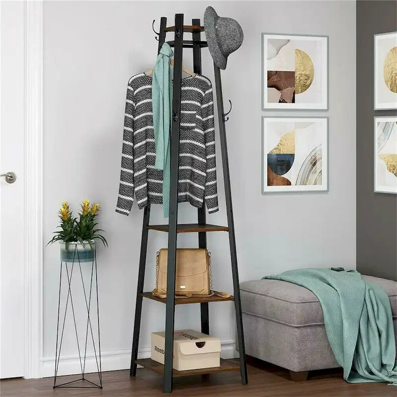 Black & Dark Brown Free Standing Coat Rack with Shelves, 8 Hooks, 4 Tiers
