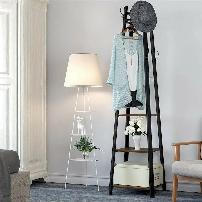 Black & Dark Brown Free Standing Coat Rack with Shelves, 8 Hooks, 4 Tiers