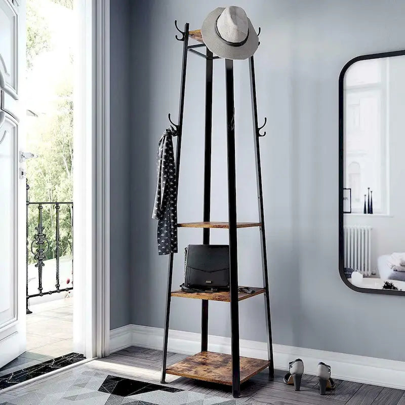 Black & Dark Brown Free Standing Coat Rack with Shelves, 8 Hooks, 4 Tiers