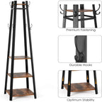 Black & Dark Brown Free Standing Coat Rack with Shelves, 8 Hooks, 4 Tiers