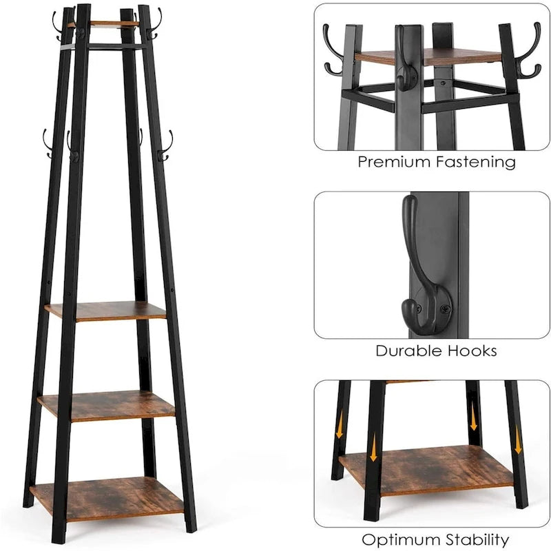 Black & Dark Brown Free Standing Coat Rack with Shelves, 8 Hooks, 4 Tiers