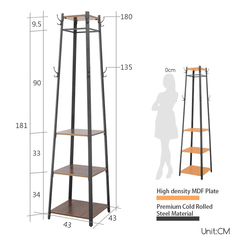 Black & Dark Brown Free Standing Coat Rack with Shelves, 8 Hooks, 4 Tiers