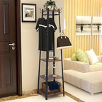 Black & Dark Brown Free Standing Coat Rack with Shelves, 8 Hooks, 4 Tiers