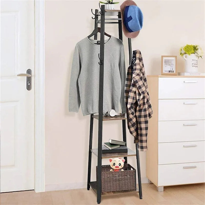 Black & Dark Brown Free Standing Coat Rack with Shelves, 8 Hooks, 4 Tiers
