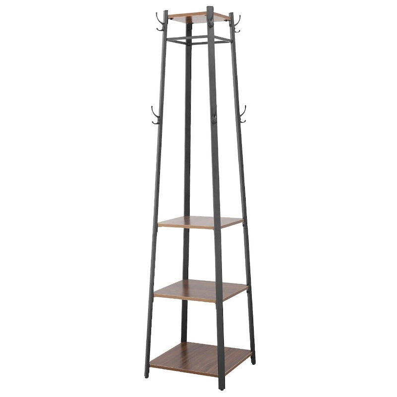 Black & Dark Brown Free Standing Coat Rack with Shelves, 8 Hooks, 4 Tiers