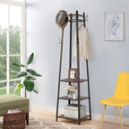 Black & Dark Brown Free Standing Coat Rack with Shelves, 8 Hooks, 4 Tiers