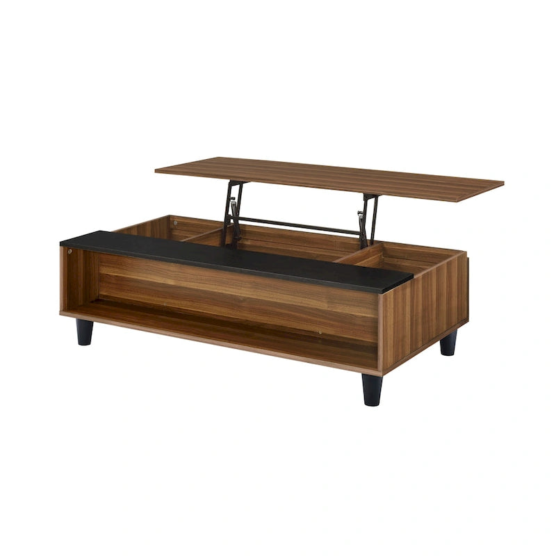 Walnut & Black Lift-Top Coffee Table with Storage, Seats 1