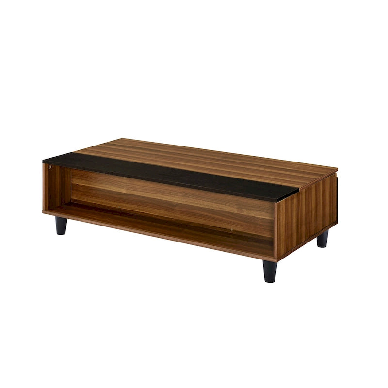 Walnut & Black Lift-Top Coffee Table with Storage, Seats 1