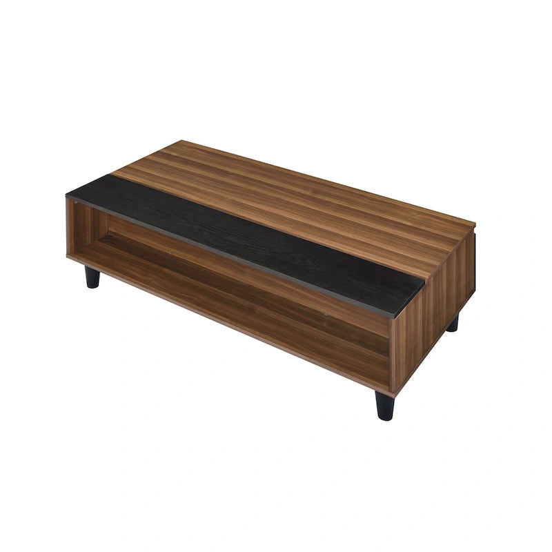 Walnut & Black Lift-Top Coffee Table with Storage, Seats 1