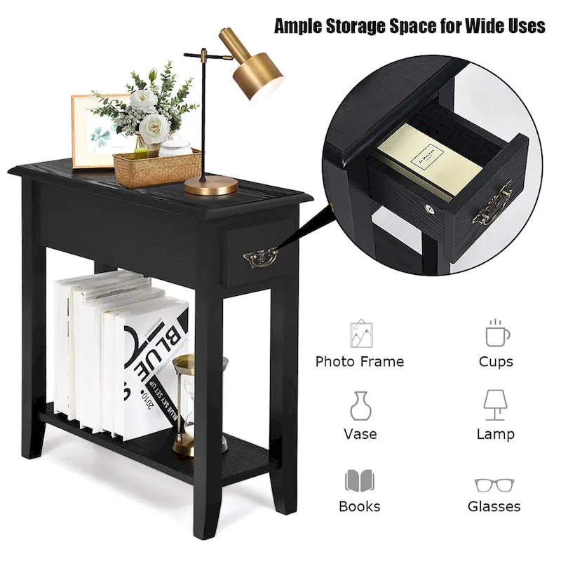 Black / Yellow / Brown / White Narrow Side Table with Drawer, 2-Tier