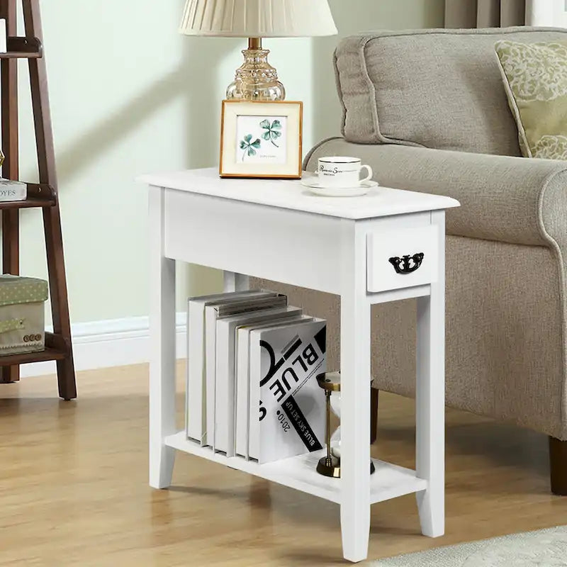 Black / Yellow / Brown / White Narrow Side Table with Drawer, 2-Tier
