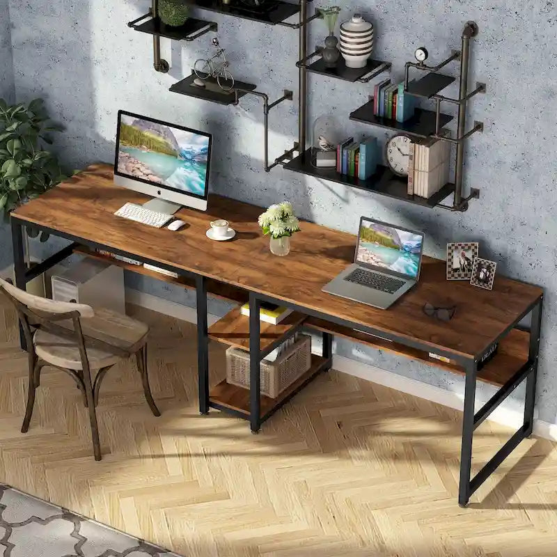 Industrial Double Desk with Bookshelf, 2-Person, Brown+Black / Black / White / Grey