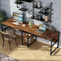 Industrial Double Desk with Bookshelf, 2-Person, Brown+Black / Black / White / Grey