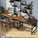 Industrial Double Desk with Bookshelf, 2-Person, Brown+Black / Black / White / Grey