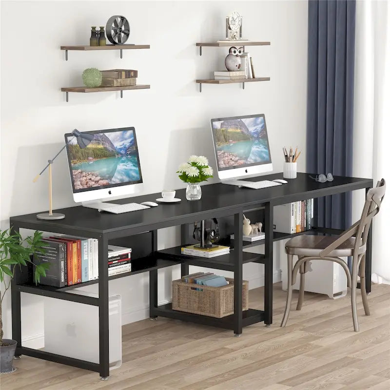 Industrial Double Desk with Bookshelf, 2-Person, Brown+Black / Black / White / Grey