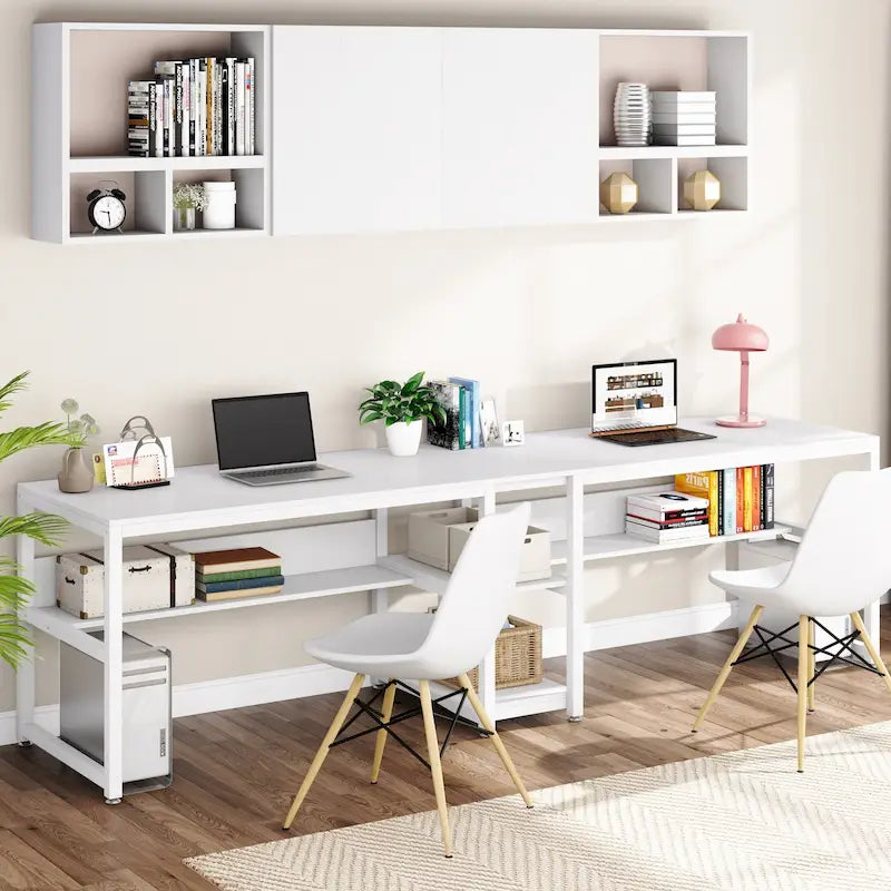 Industrial Double Desk with Bookshelf, 2-Person, Brown+Black / Black / White / Grey