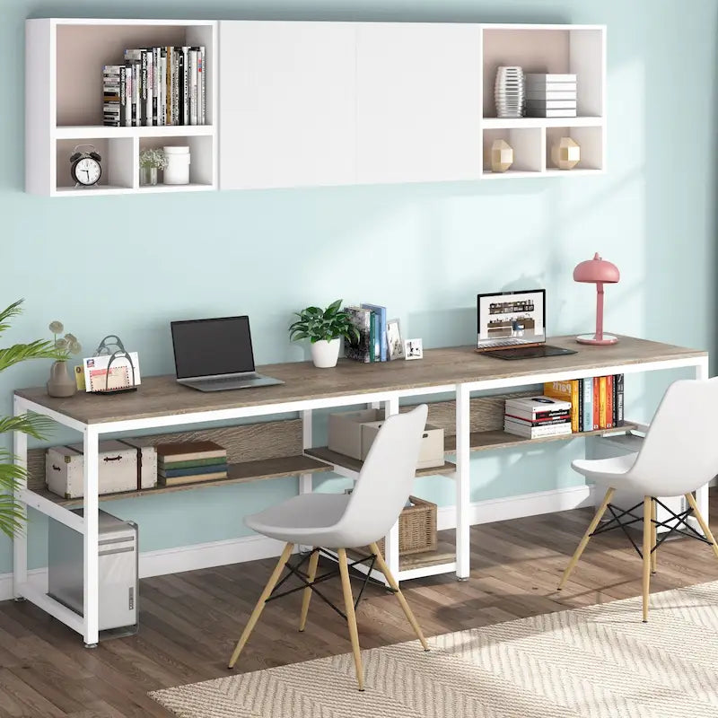 Industrial Double Desk with Bookshelf, 2-Person, Brown+Black / Black / White / Grey