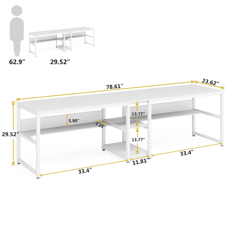 Industrial Double Desk with Bookshelf, 2-Person, Brown+Black / Black / White / Grey