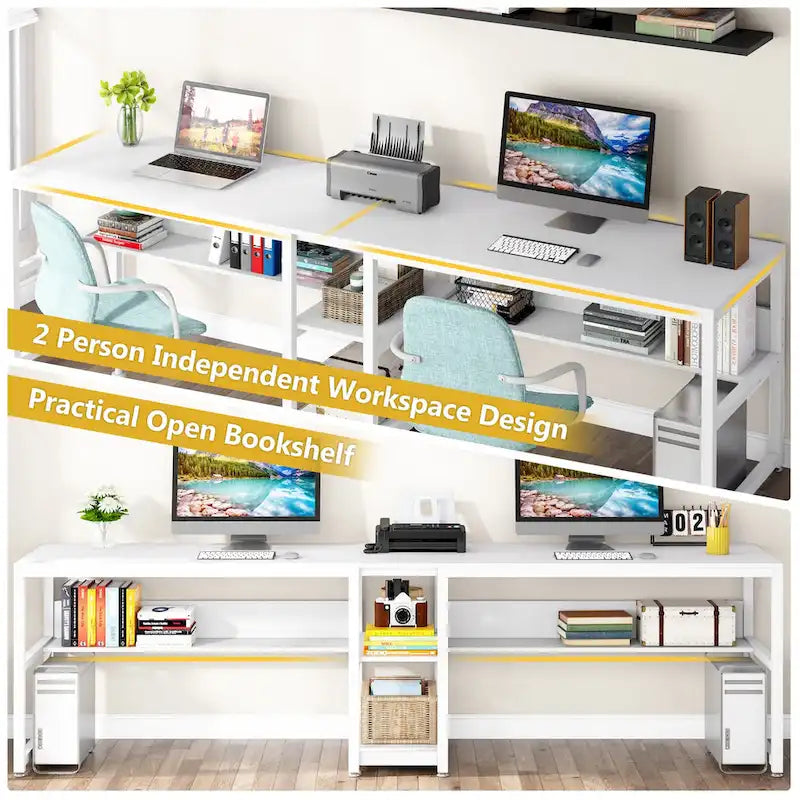 Industrial Double Desk with Bookshelf, 2-Person, Brown+Black / Black / White / Grey
