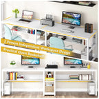 Industrial Double Desk with Bookshelf, 2-Person, Brown+Black / Black / White / Grey