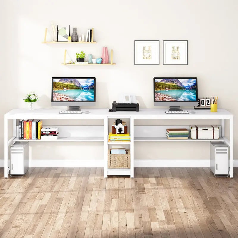 Industrial Double Desk with Bookshelf, 2-Person, Brown+Black / Black / White / Grey