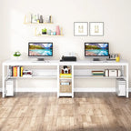 Industrial Double Desk with Bookshelf, 2-Person, Brown+Black / Black / White / Grey