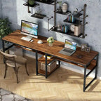Industrial Double Desk with Bookshelf, 2-Person, Brown+Black / Black / White / Grey