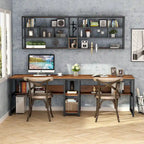 Industrial Double Desk with Bookshelf, 2-Person, Brown+Black / Black / White / Grey