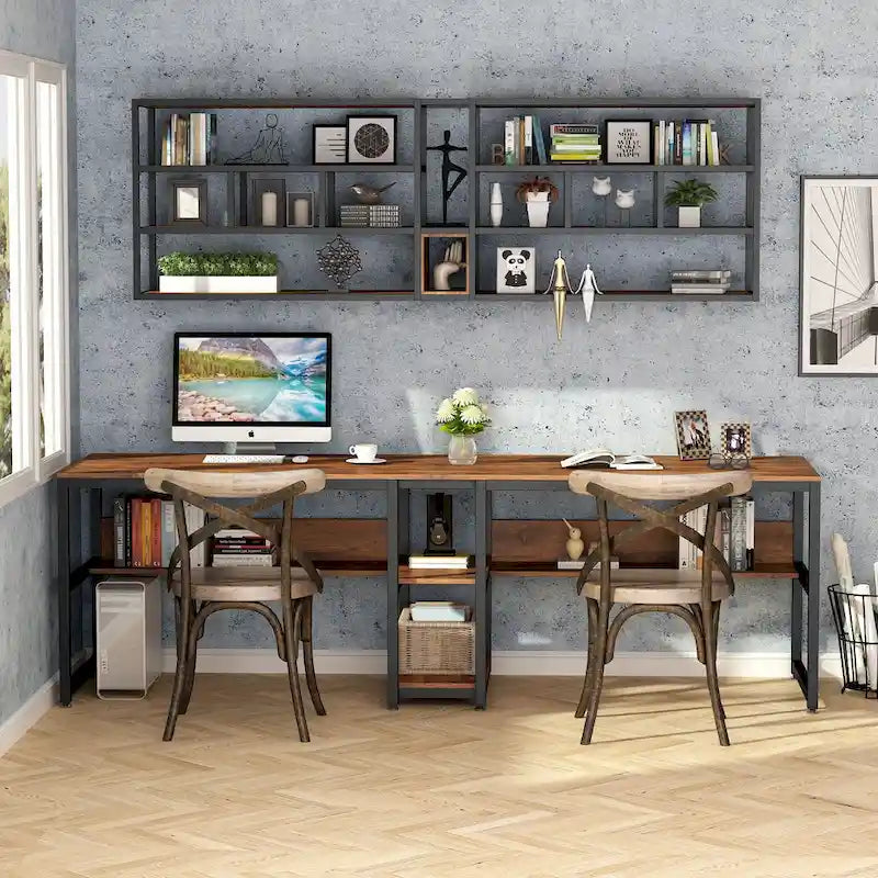 Industrial Double Desk with Bookshelf, 2-Person, Brown+Black / Black / White / Grey