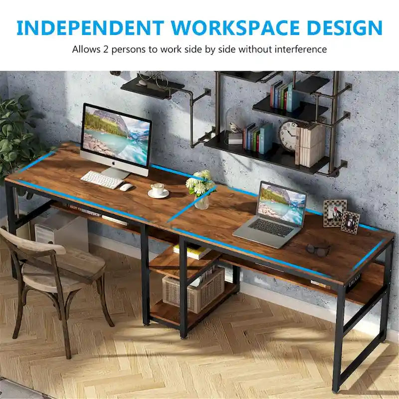 Industrial Double Desk with Bookshelf, 2-Person, Brown+Black / Black / White / Grey