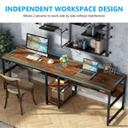 Industrial Double Desk with Bookshelf, 2-Person, Brown+Black / Black / White / Grey