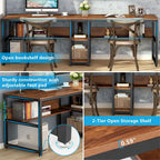 Industrial Double Desk with Bookshelf, 2-Person, Brown+Black / Black / White / Grey